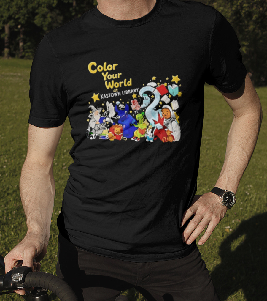 Color Your World At Kastown Library With Reading Books And Vibrant Characters T-Shirt