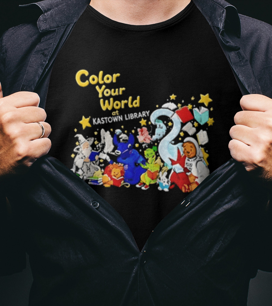 Color Your World At Kastown Library With Reading Books And Vibrant Characters T-Shirt