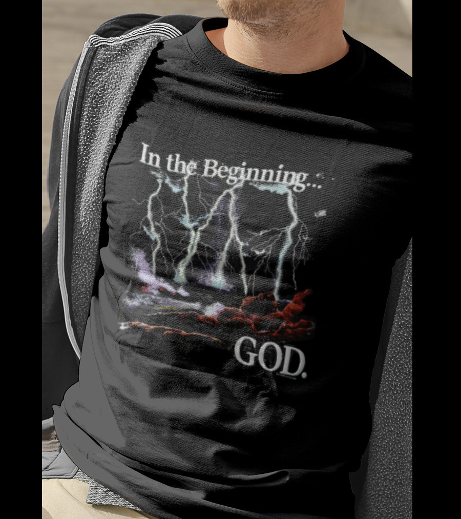 In The Beginning God Lightning Bolts Crashing Waves Rocky Shore T-Shirt