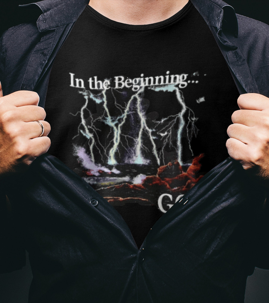 In The Beginning God Lightning Bolts Crashing Waves Rocky Shore T-Shirt