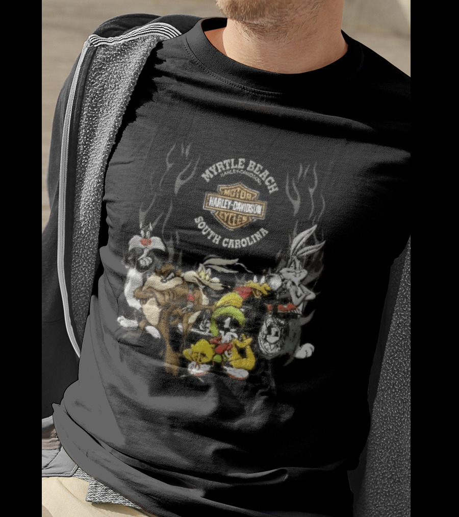 Myrtle Beach Harley Davidson Motor Cycles South Carolina Looney Tunes Bugs Bunny Daffy Duck Taz Sylvester Wile E Coyote T-Shirt