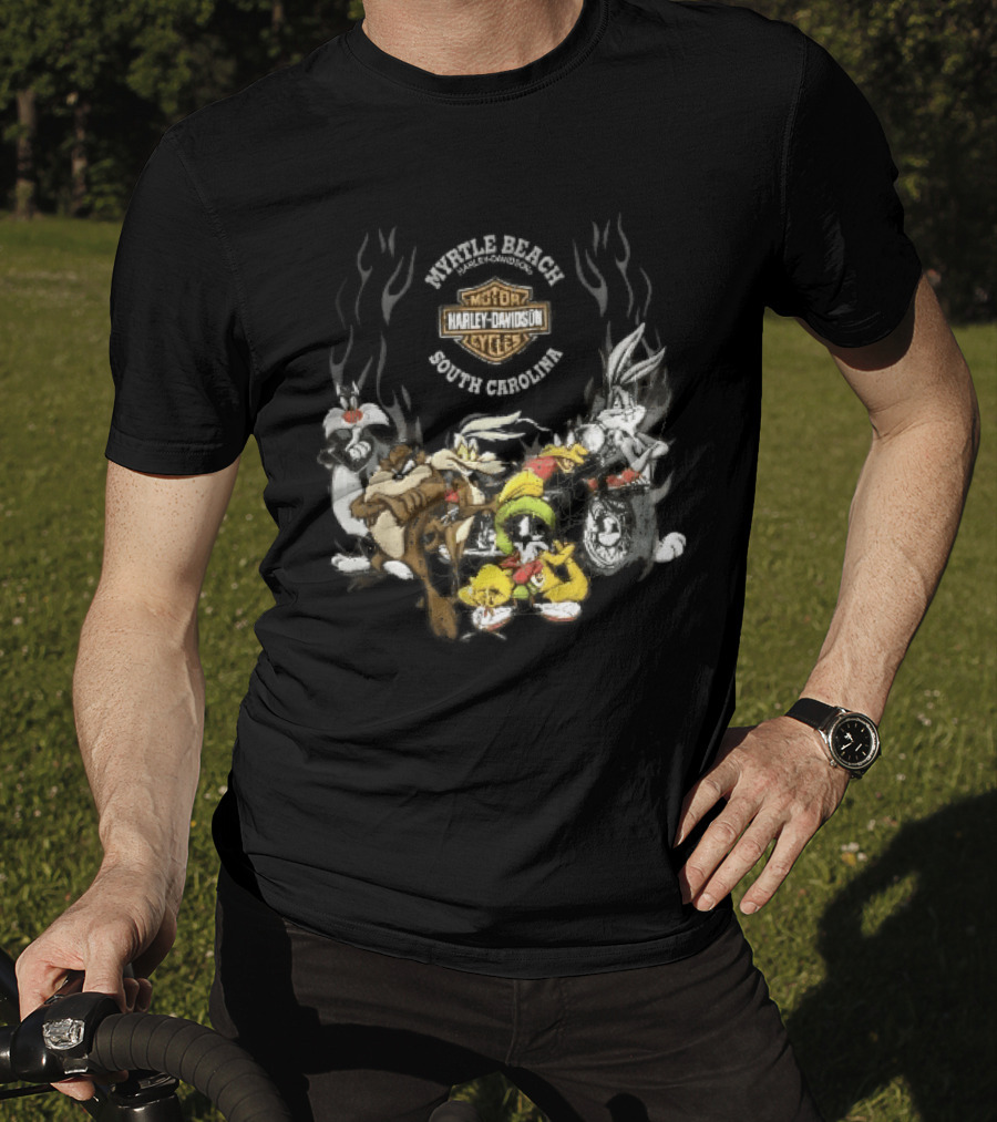 Myrtle Beach Harley Davidson Motor Cycles South Carolina Looney Tunes Bugs Bunny Daffy Duck Taz Sylvester Wile E Coyote T-Shirt