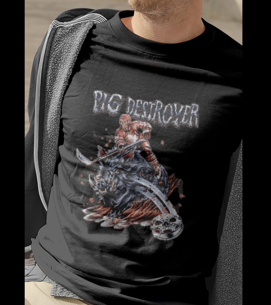 Pig Destroyer Skeleton Hockey Player Riding Wild Boar Skull Puck T-Shirt