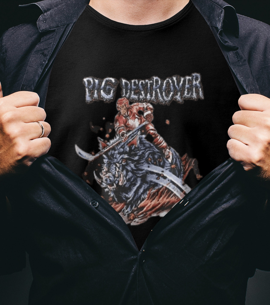Pig Destroyer Skeleton Hockey Player Riding Wild Boar Skull Puck T-Shirt