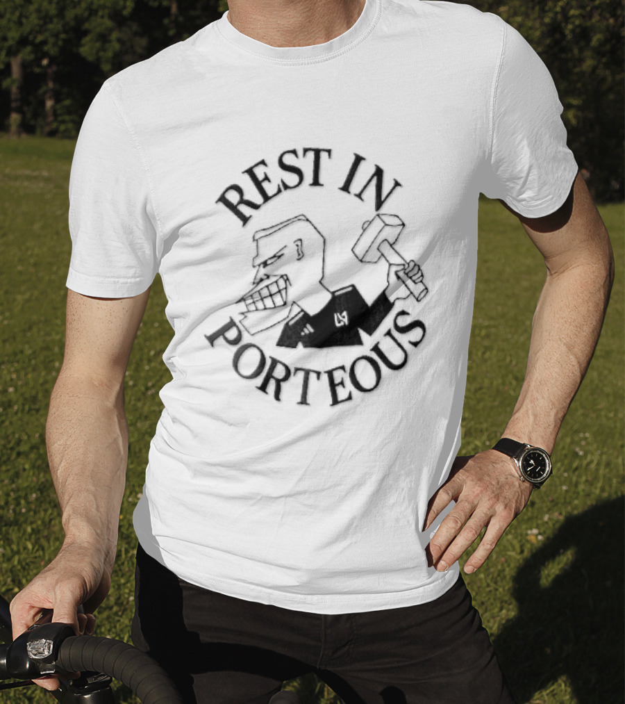 Rest In Porteous Cartoon Caricature Man Holding Hammer T-Shirt