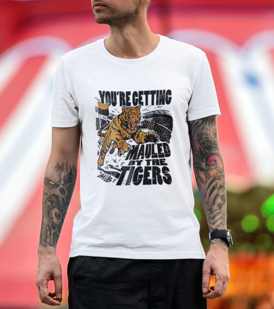 You're Getting Mauled By The Tigers Leaping Aggressive Stadium Crowd Corner Flag Woodcut T-Shirt