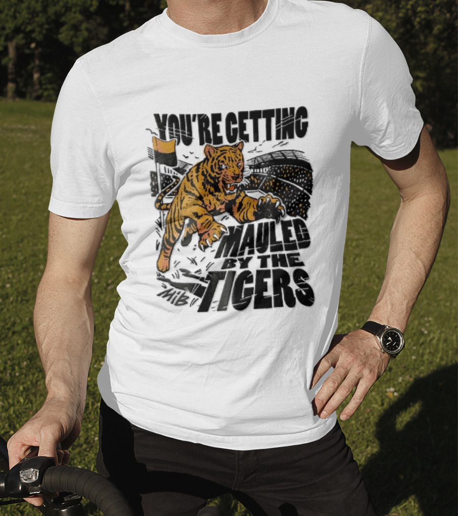 You're Getting Mauled By The Tigers Leaping Aggressive Stadium Crowd Corner Flag Woodcut T-Shirt
