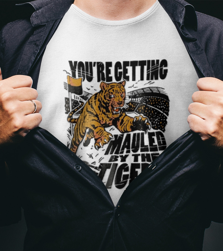 You're Getting Mauled By The Tigers Leaping Aggressive Stadium Crowd Corner Flag Woodcut T-Shirt