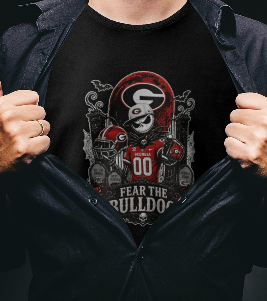 Fear The Bulldogs Georgia Bulldogs Halloween Jack Skellington Beat Florida Sic Em Dawgs Hunker Down T-Shirt