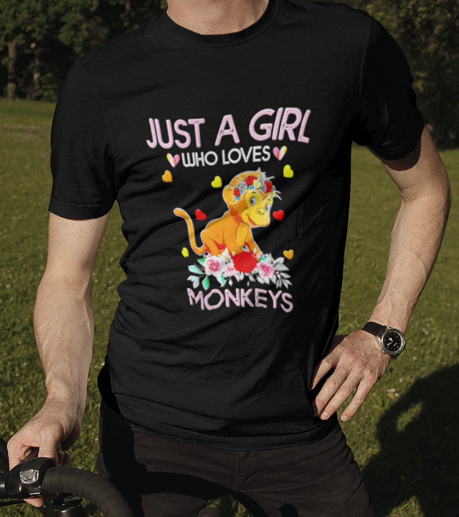 Just A Girl Who Loves Monkeys With Hearts And Flowers T-Shirt