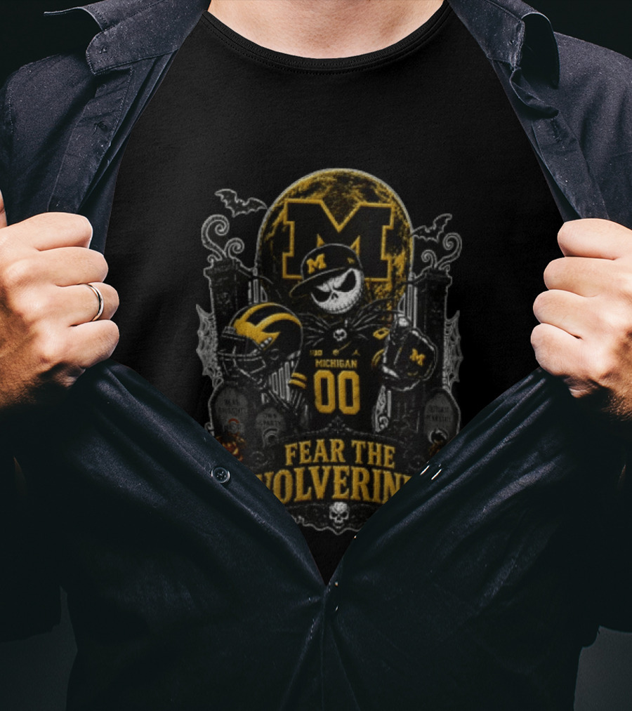 Fear The Michigan Wolverines Jack Skellington Halloween Skeleton Graveyard Tombstones Pumpkins Bats T-Shirt