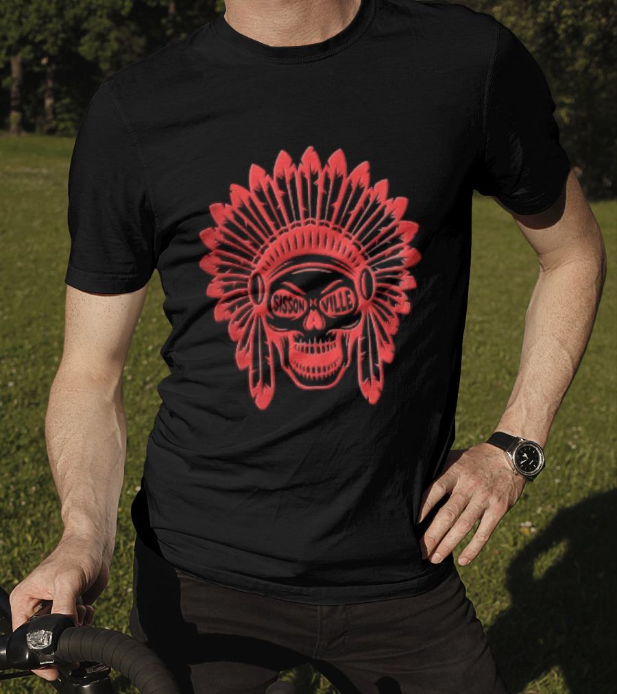 Sissonville Indian Chief Skull Headdress Red Feather Motif T-Shirt