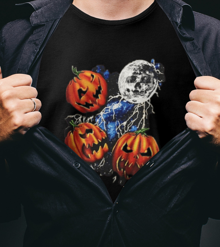 Halloween Pumpkins Skull Moon Lightning T-Shirt