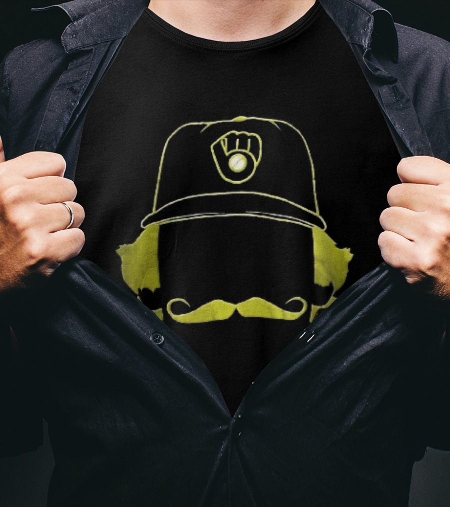 Milwaukee Brewers Iconic Logo Hat Mustache Hair T-Shirt