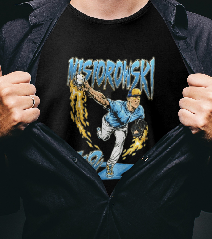 Misiorowski 32 Baseball Pitcher Throwing Flaming Ball In Action T-Shirt