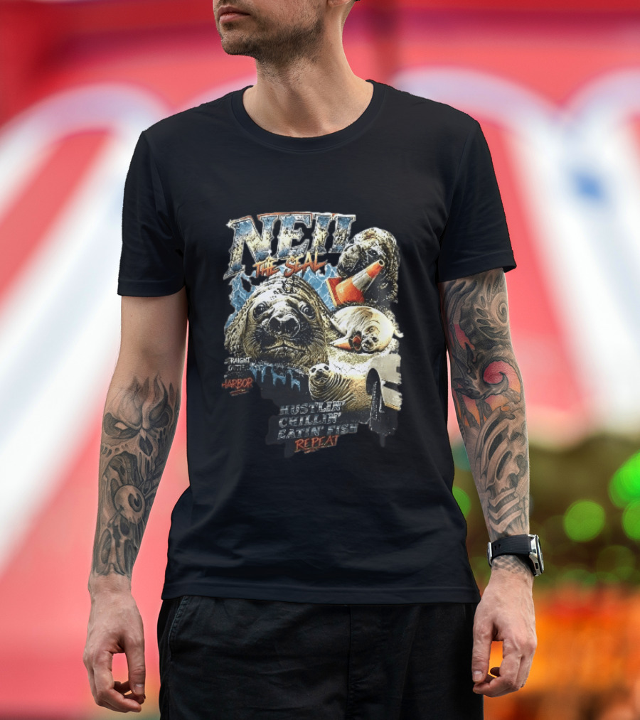 Neil The Seal Hustler Chillin Eating Fish Harbor Animal Warning Cone Repeat T-Shirt