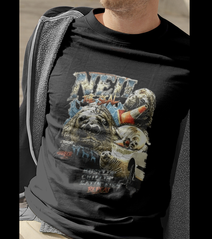 Neil The Seal Hustler Chillin Eating Fish Harbor Animal Warning Cone Repeat T-Shirt