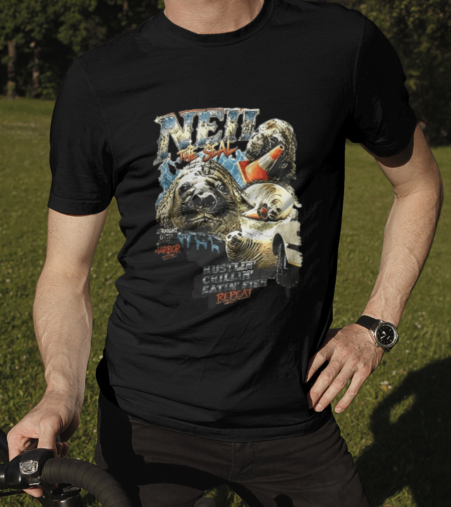 Neil The Seal Hustler Chillin Eating Fish Harbor Animal Warning Cone Repeat T-Shirt