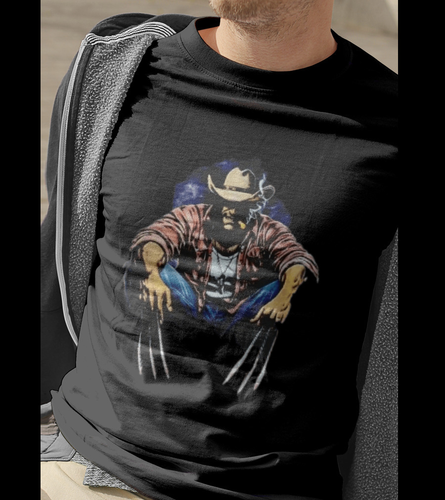 Wolverine Cowboy Hat Cigar Claws Sitting Pose T-Shirt