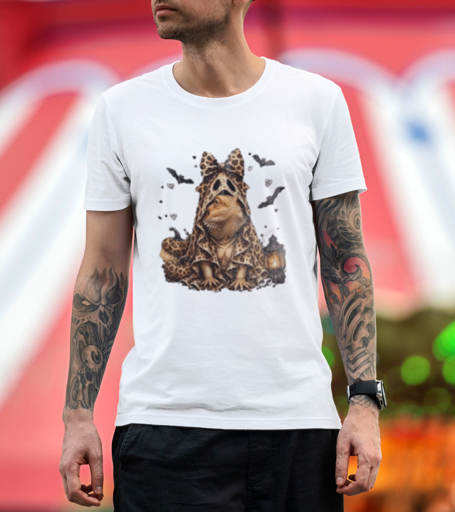 Bewitched Bearded Dragon Cloaked In Leopard Print With Lantern And Bats T-Shirt