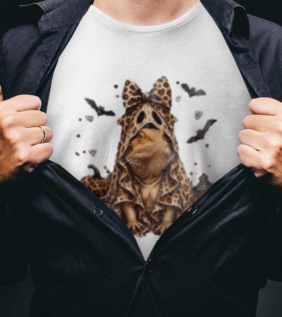 Bewitched Bearded Dragon Cloaked In Leopard Print With Lantern And Bats T-Shirt
