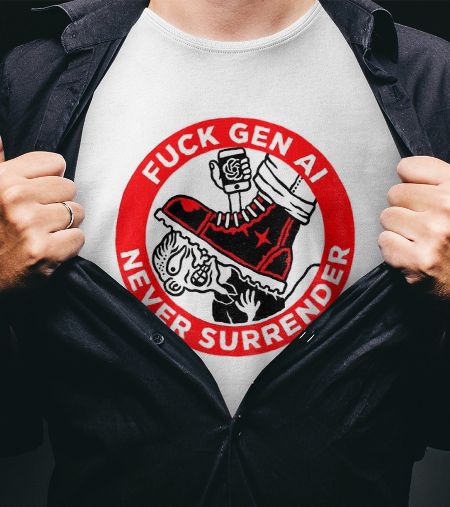 Fuck Gen AI Never Surrender Boot And Fist Circle T-Shirt