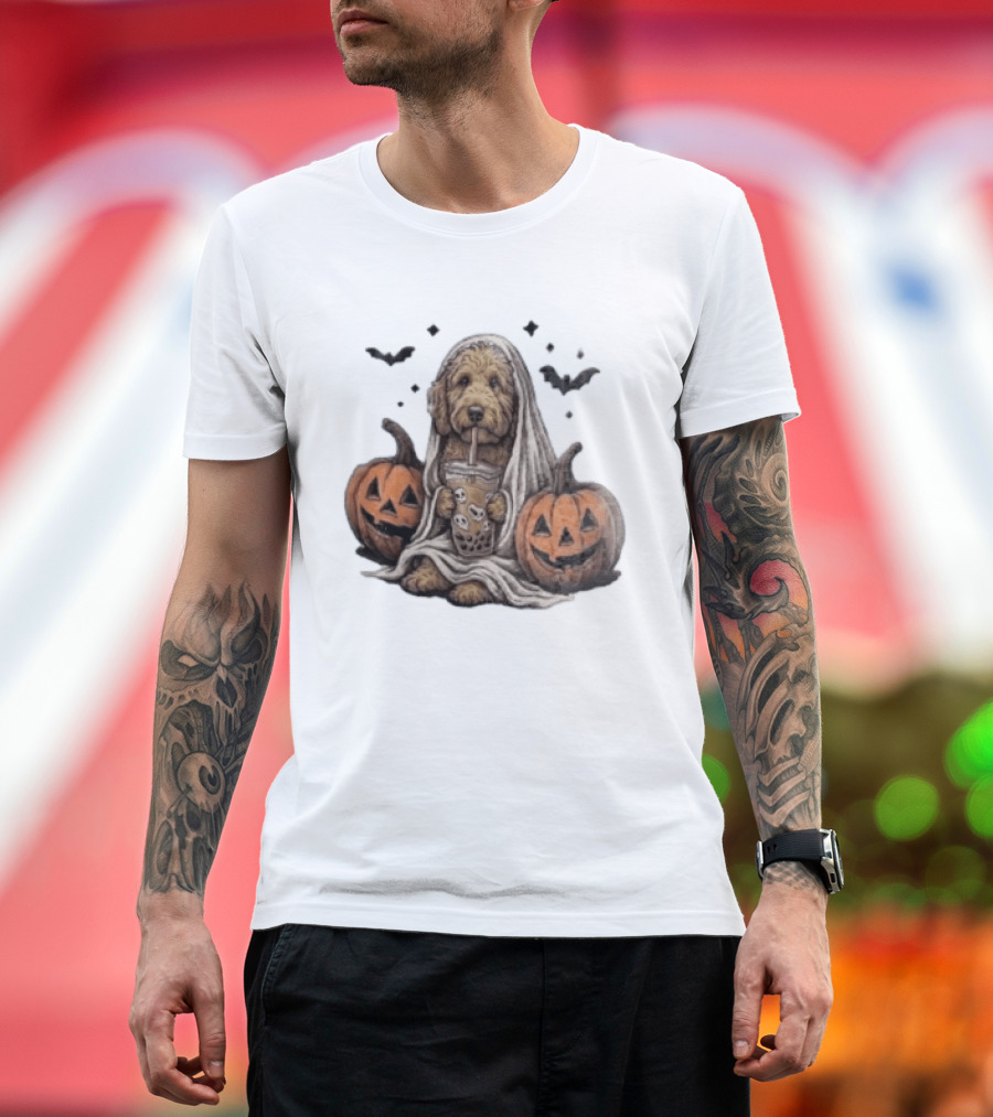 Goldendoodle Ghost With Boba Halloween Jack O'Lanterns And Bats T-Shirt