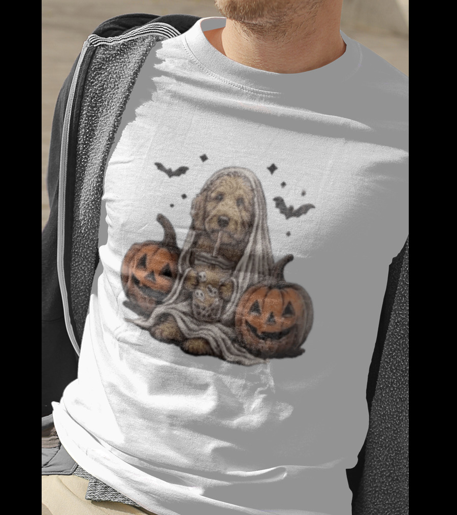 Goldendoodle Ghost With Boba Halloween Jack O'Lanterns And Bats T-Shirt