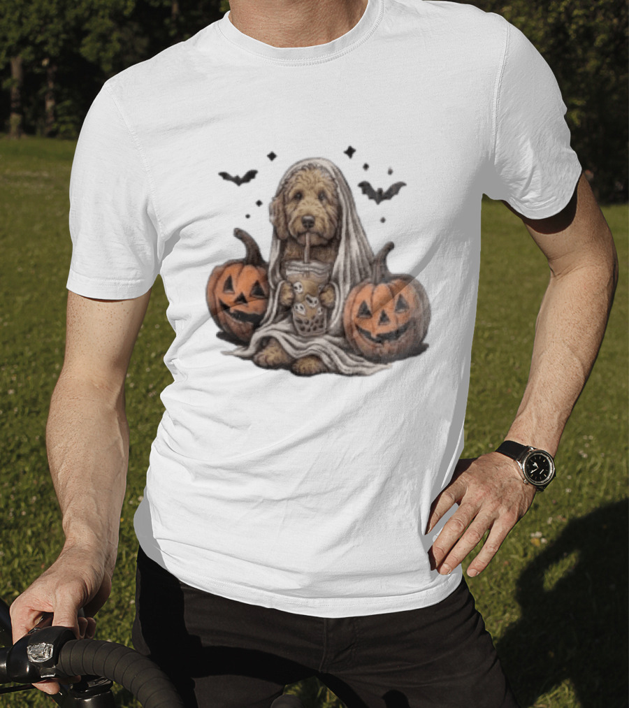 Goldendoodle Ghost With Boba Halloween Jack O'Lanterns And Bats T-Shirt