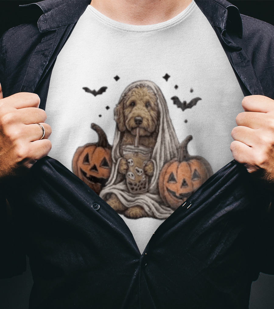 Goldendoodle Ghost With Boba Halloween Jack O'Lanterns And Bats T-Shirt