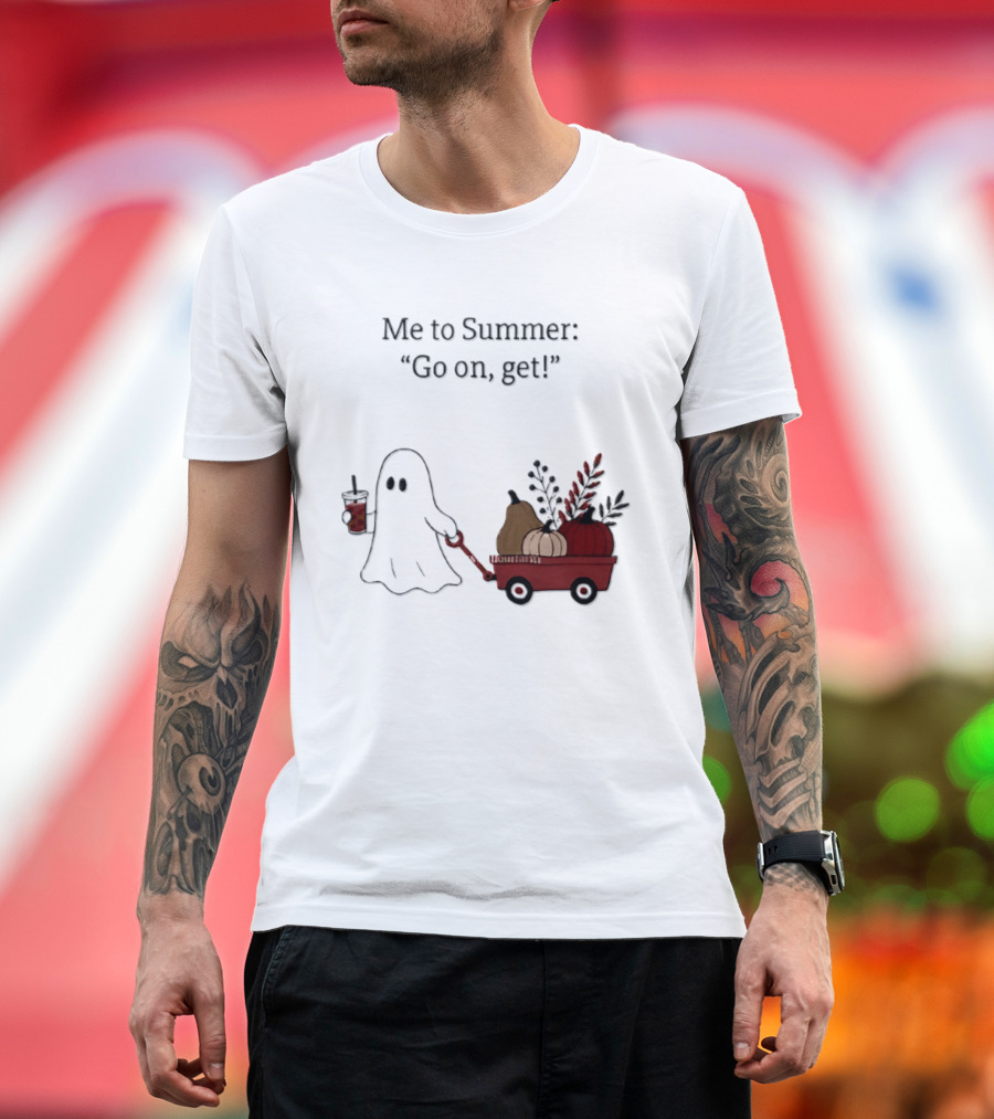 Me To Summer Go On Get Ghost With Pumpkin And Fall Leaves Wagon T-Shirt