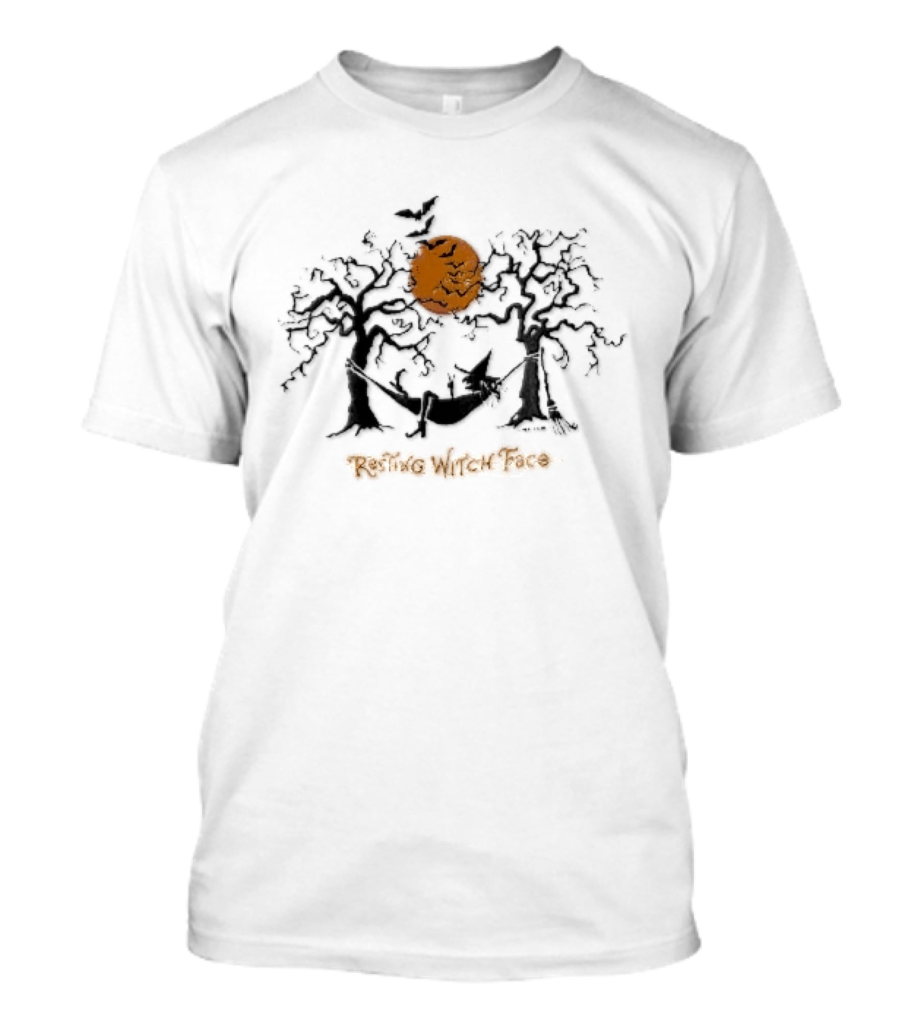 Resting Witch Face Halloween Hammock With Bats And Trees T-Shirt