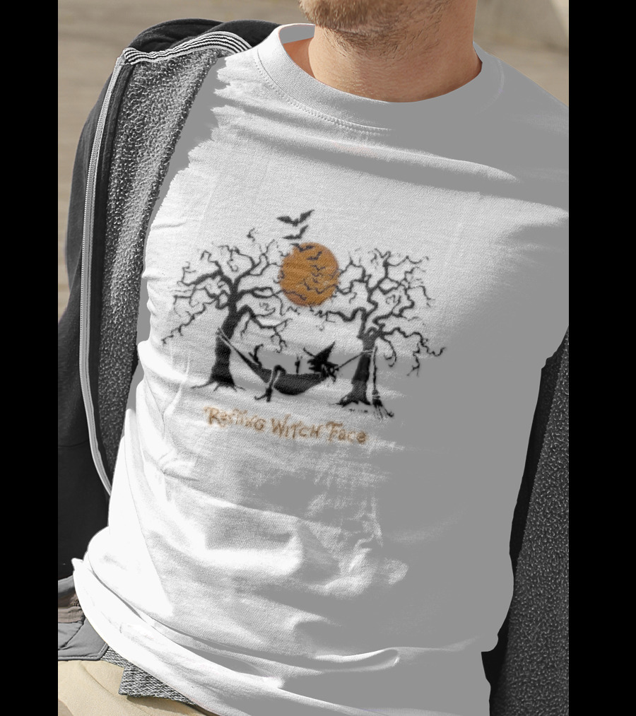Resting Witch Face Halloween Hammock With Bats And Trees T-Shirt