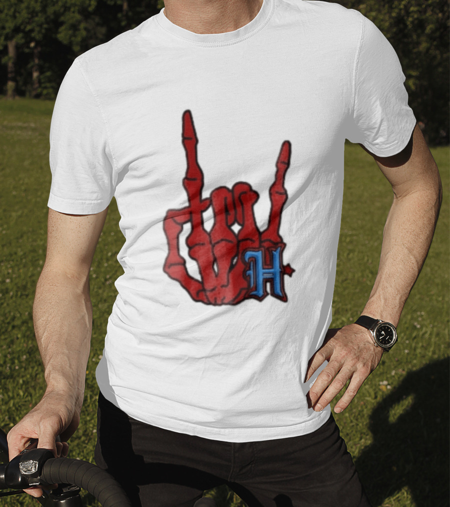 Red Skeleton Hand Sign With Blue H T-Shirt