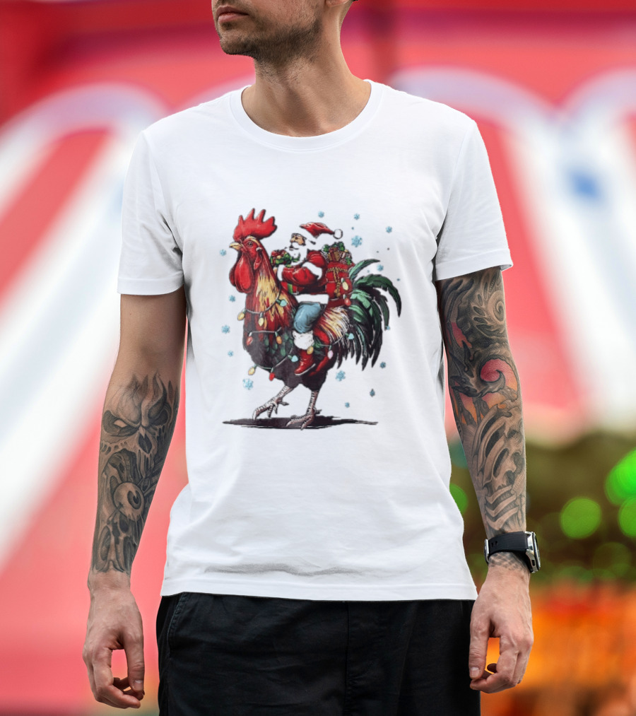 Caricature Santa Riding Rooster With Christmas Presents And Snowflakes T-Shirt