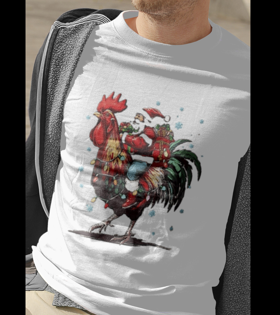 Caricature Santa Riding Rooster With Christmas Presents And Snowflakes T-Shirt