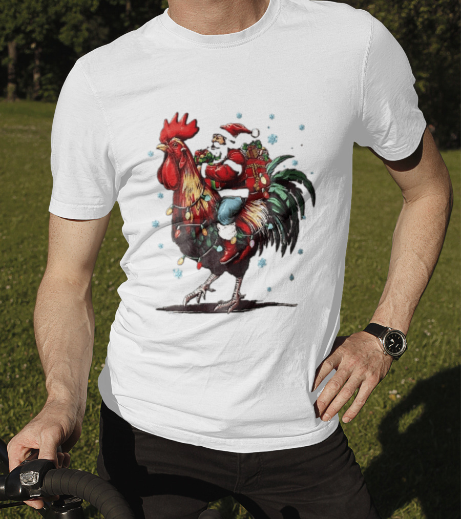 Caricature Santa Riding Rooster With Christmas Presents And Snowflakes T-Shirt
