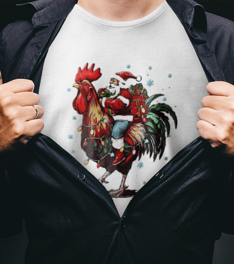 Caricature Santa Riding Rooster With Christmas Presents And Snowflakes T-Shirt