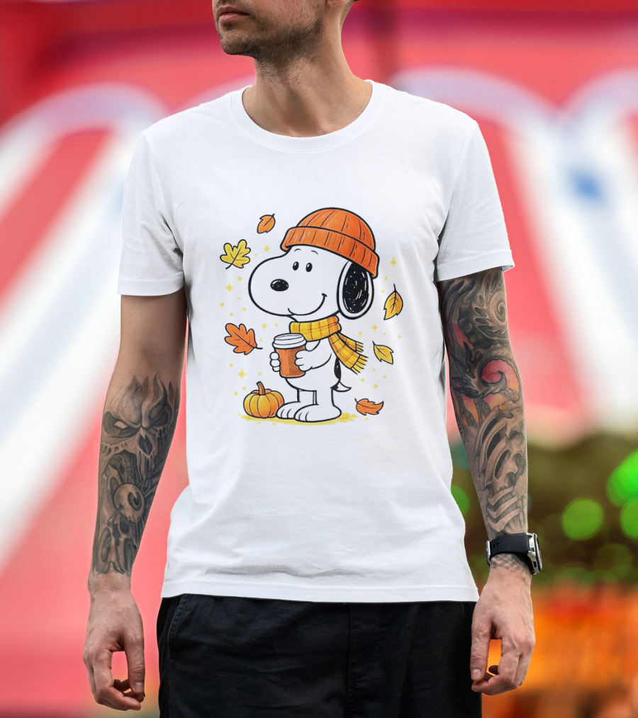 Snoopy Fall Autumn Coffee Pumpkin Leaves Warm Scarf Beanie Hat T-Shirt