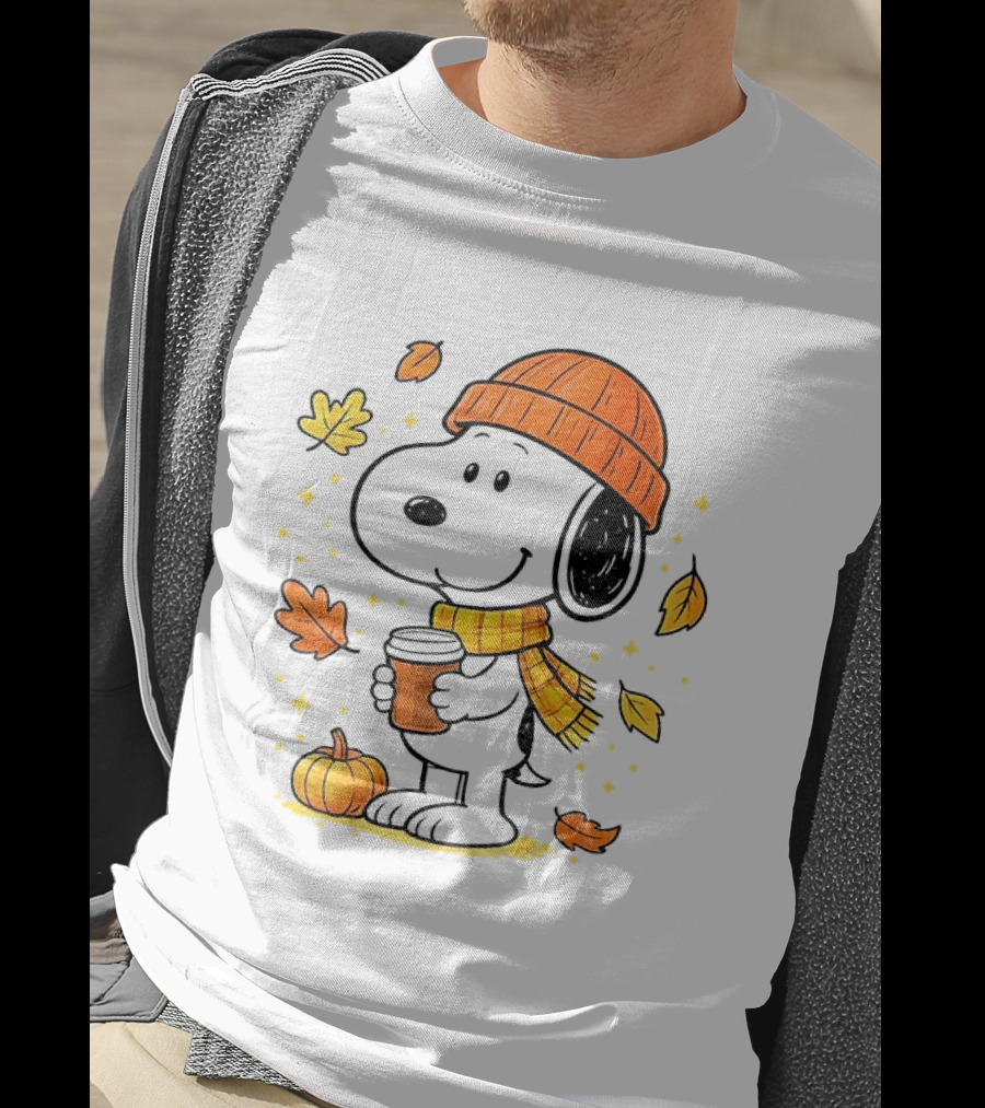 Snoopy Fall Autumn Coffee Pumpkin Leaves Warm Scarf Beanie Hat T-Shirt