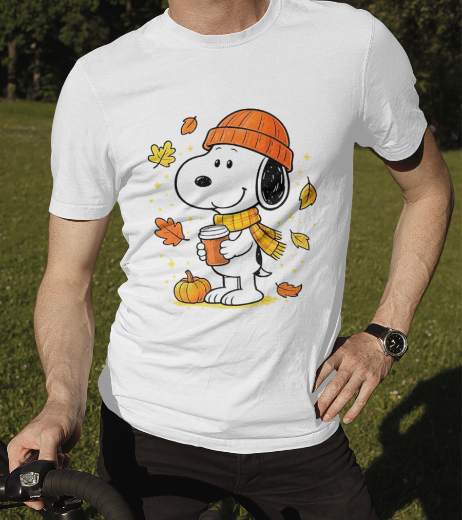 Snoopy Fall Autumn Coffee Pumpkin Leaves Warm Scarf Beanie Hat T-Shirt