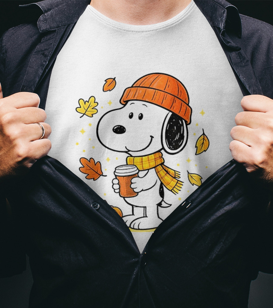 Snoopy Fall Autumn Coffee Pumpkin Leaves Warm Scarf Beanie Hat T-Shirt