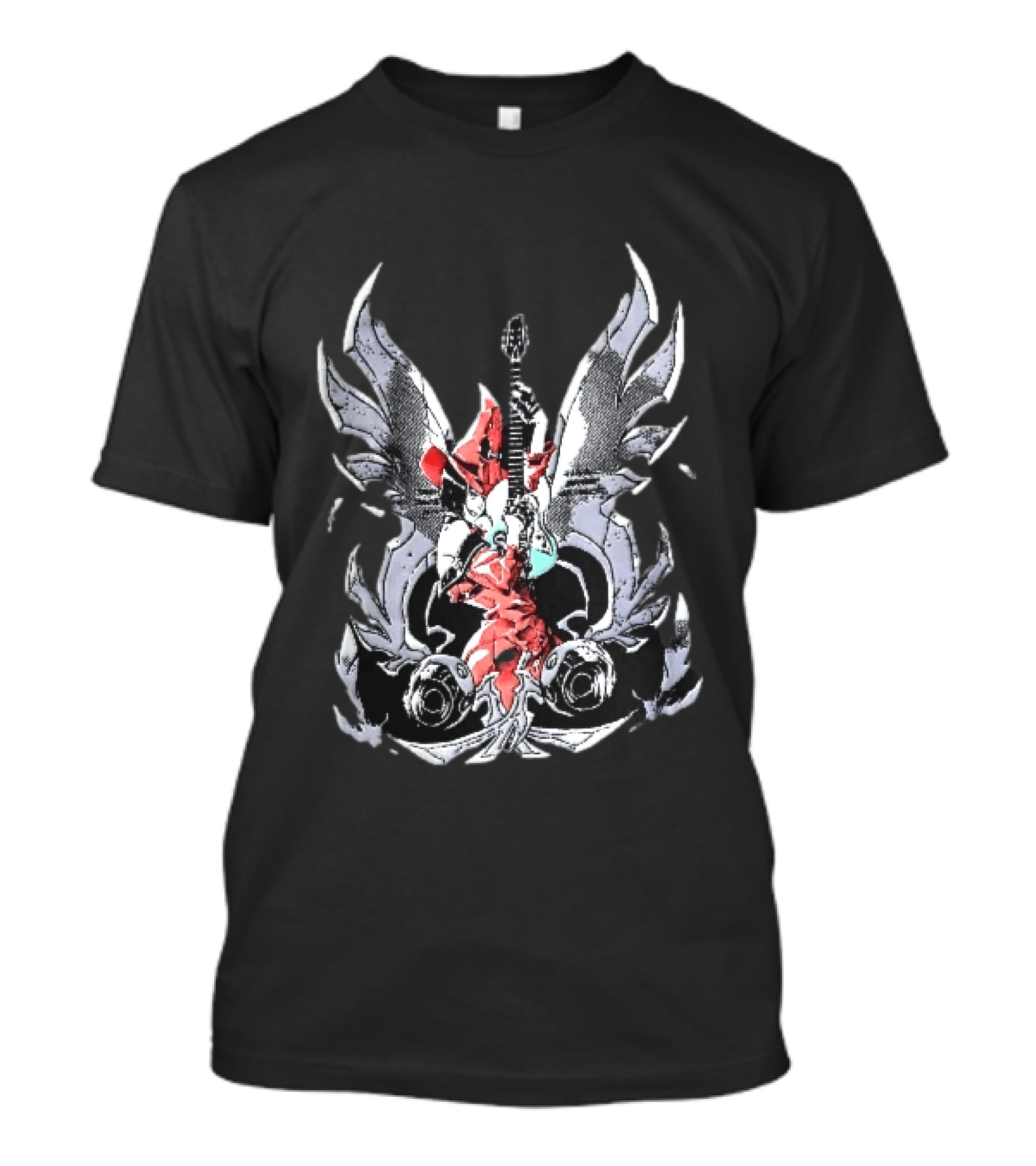 Anime Girl With Wings Holding Guitar Angelic Rock Star Fantasy T-Shirt