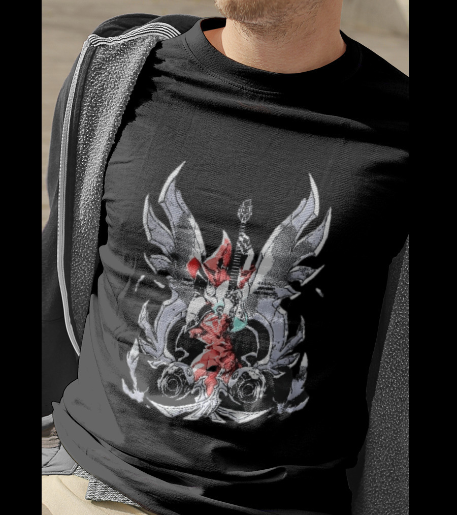Anime Girl With Wings Holding Guitar Angelic Rock Star Fantasy T-Shirt