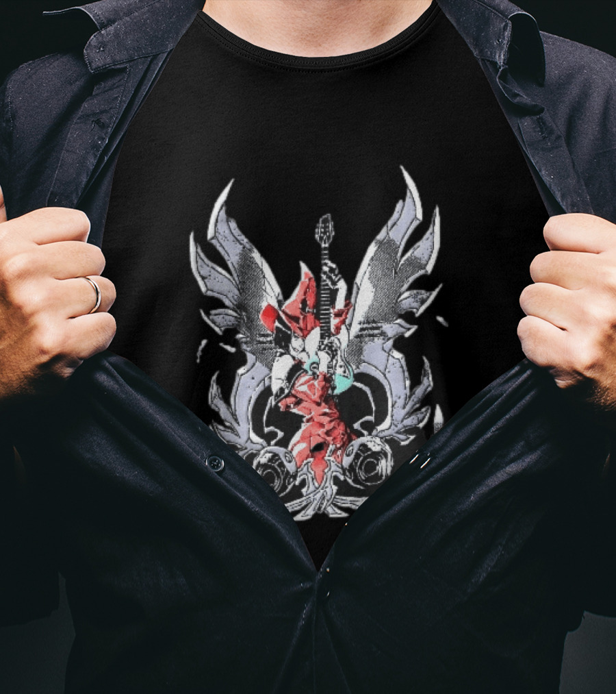 Anime Girl With Wings Holding Guitar Angelic Rock Star Fantasy T-Shirt