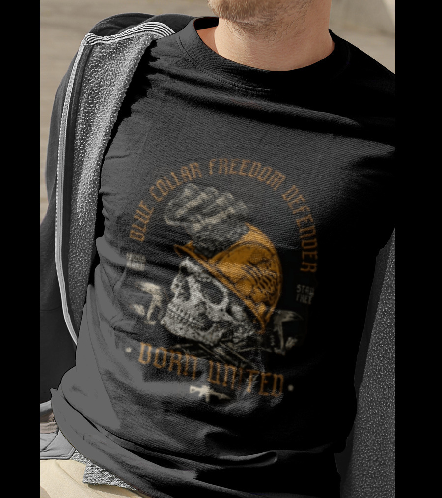 Blue Collar Freedom Defender Born United Stay Free Skull Helmet T-Shirt