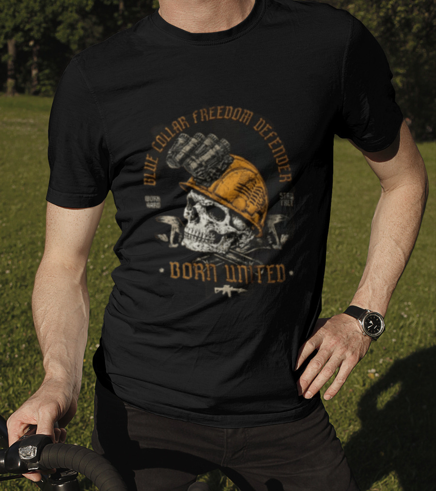 Blue Collar Freedom Defender Born United Stay Free Skull Helmet T-Shirt