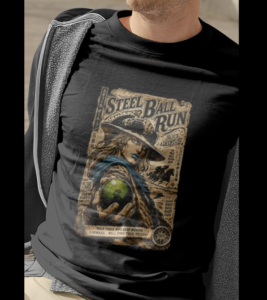 Steel Ball Run Jojo's Adventure Gyro Zeppeli Holding Steel Ball Desert Motif SBR True Man's World Ends Victory T-Shirt