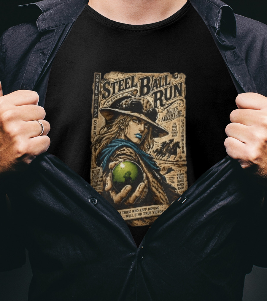 Steel Ball Run Jojo's Adventure Gyro Zeppeli Holding Steel Ball Desert Motif SBR True Man's World Ends Victory T-Shirt