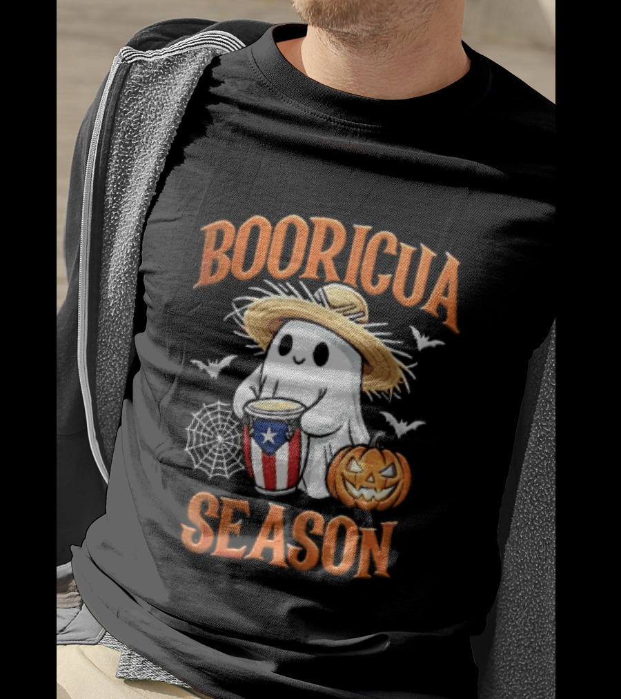 Booricua Season Ghost With Puerto Rico Flag Conga And Pumpkin T-Shirt